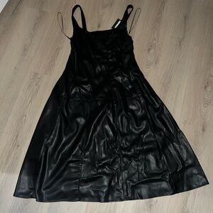 River Island Black Faux Leather A-Line Midi Dress Size 12 — Square Neck